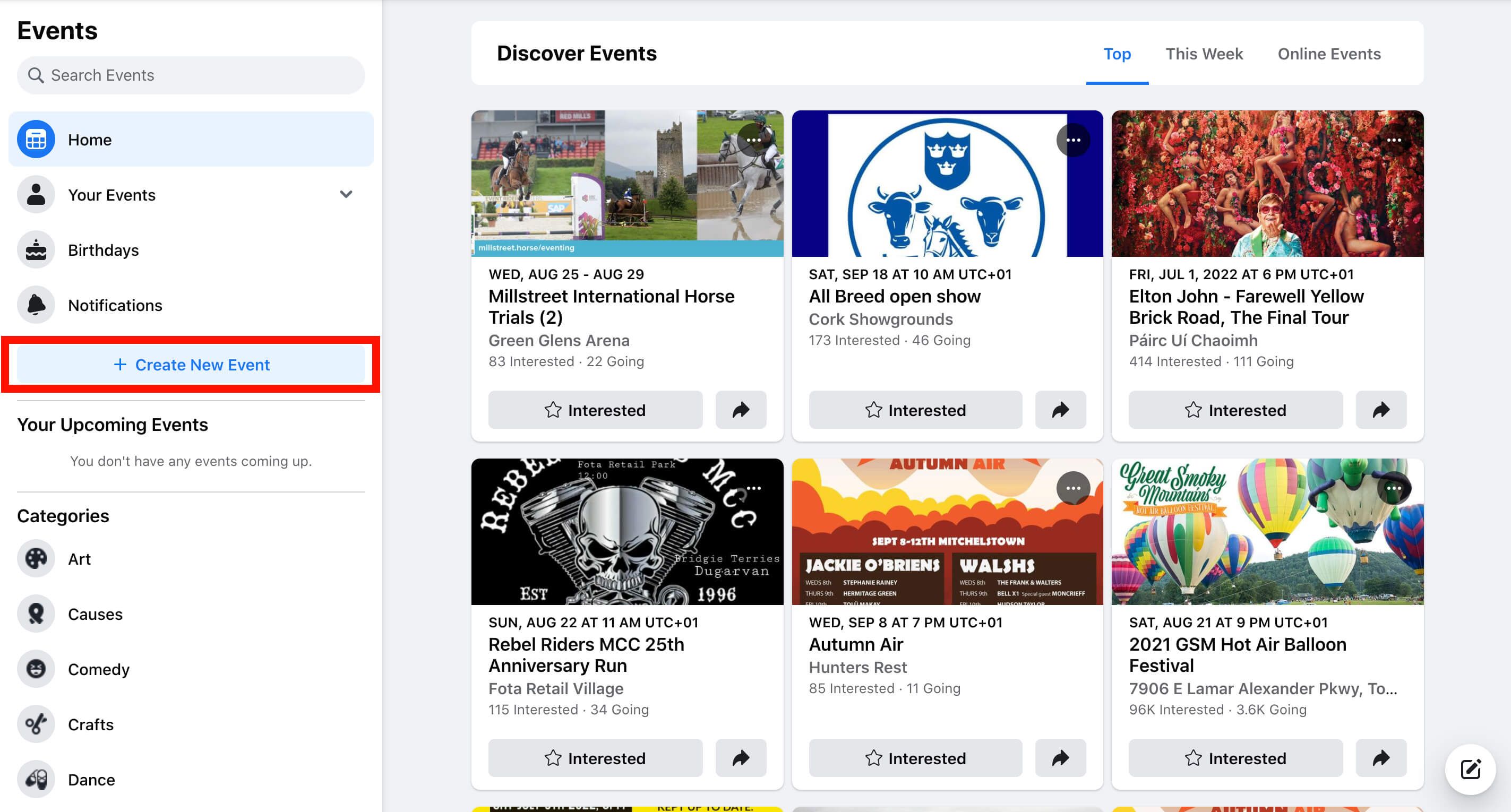Screenshot der Facebook-Seite „Events“ mit der Schaltfläche „Neues Event erstellen“, die durch ein rotes Rechteck hervorgehoben ist
